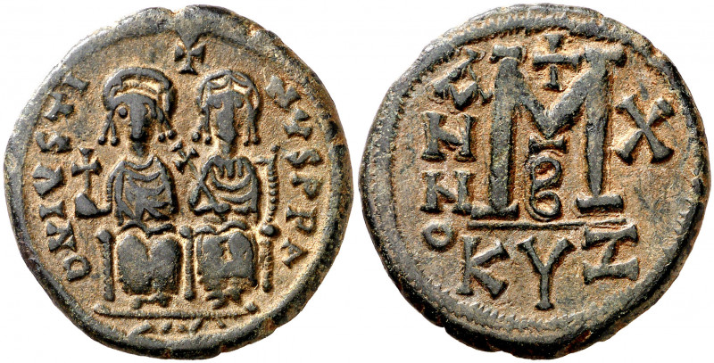 (574-575). Justino II y Sofía. Cyzicus. Follis. (Ratto 881) (S. 372). Ex Áureo 2...