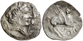 Kum. Dracma ibérica de imitación emporitana. (FAB. 1157) (ACIP. 391) (A.N. 36, pág. 45, nº 10, mismo ejemplar). Pequeña incrustación en reverso. Atrac...