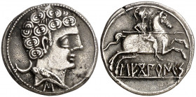 Secobirices (Saelices). Denario. (FAB. 2168) (ACIP. 1869). Pequeño exceso de metal en anverso. 3,82 g. MBC+.