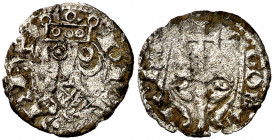 Pere I (1196-1213). Zaragoza. Óbolo jaqués. (Cru.V.S. 303) (Cru.C.G. 2117). Cospel algo faltado. Muy rara. 0,32 g. (MBC-).