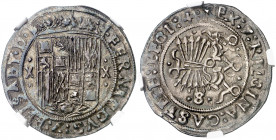 Reyes Católicos. Sevilla. X. 1 real. (AC. 426). En cápsula de la NGC como MS61, nº 4499444-002. Muy bella. Rara así. 3,40 g. EBC+.