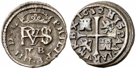 1652. Felipe IV. Segovia. . 1/2 real. (AC. 631). Marca de ceca grande. 1,47 g. MBC/MBC+.