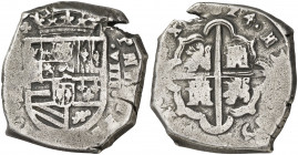 1624. Felipe IV. Segovia. R. 8 reales. (AC. 1569). Leones y castillos en ambas caras. Rarísima, no hemos tenido ningún ejemplar. 26,71 g. MBC-.