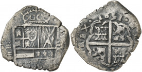 1651. Felipe IV. Valladolid. F. 8 reales. (AC. 1690, mismo ejemplar). Oxidaciones. Muy rara, sólo hemos tenido 3 ejemplares. 24,23 g. MBC-.
