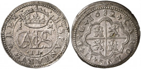 1682. Carlos II. Segovia. M. 2 reales. (AC. 442). Muy bella. Ex Áureo & Calicó Selección 2009, nº 83. Rara así. 6,95 g. EBC+.