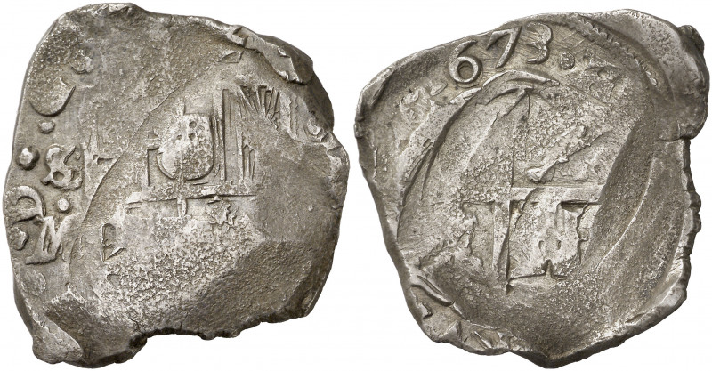 1673. Carlos II. Sevilla. M. 8 reales. (AC. 782). Acuñación descuidada con vanos...