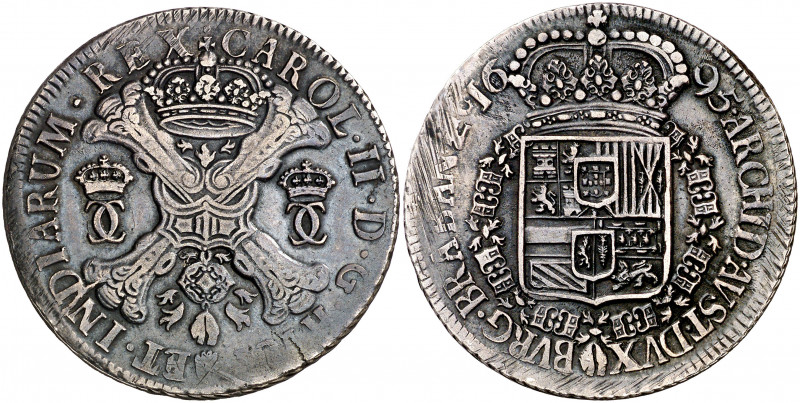 1695. Carlos II. Amberes. 1 patagón. (Vti. 458) (Vanhoudt 715.AN). Rayitas de ac...