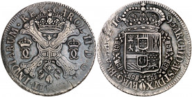 1695. Carlos II. Amberes. 1 patagón. (Vti. 458) (Vanhoudt 715.AN). Rayitas de acuñación. Pátina. Rara. 28,10 g. MBC+.