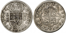 1718. Felipe V. Segovia. J. 2 reales. (AC. 948). PHILIPPUS. Ex Áureo & Calicó 28/05/2008, nº 2496. 5,41 g. EBC-.