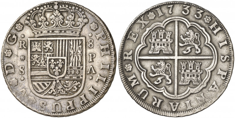 1733. Felipe V. Sevilla. PA. 8 reales. (AC. 1626). Leves rayitas. Atractiva. Rar...