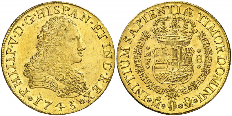 1743. Felipe V. México. MF. 8 escudos. (AC. 2247) (Cal.Onza 441). Muy bella. Rel...