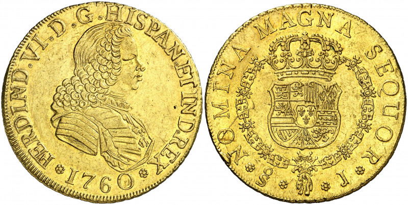 1760/59. Fernando VI. Santiago. J. 8 escudos. (AC. 839) (Cal.Onza 660). Pequeño ...