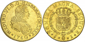 1760/59. Fernando VI. Santiago. J. 8 escudos. (AC. 839) (Cal.Onza 660). Pequeño exceso de oro en reverso. Bella. Brillo original. Muy rara así. 27 g. ...