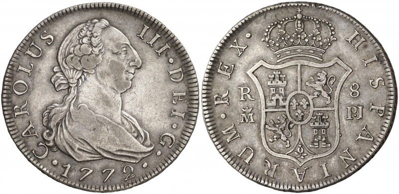 1772. Carlos III. Madrid. PJ. 8 reales. (AC. 1062). Primer año de busto. Rara. 2...