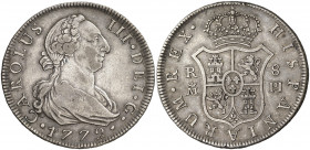 1772. Carlos III. Madrid. PJ. 8 reales. (AC. 1062). Primer año de busto. Rara. 26,92 g. MBC/MBC+.