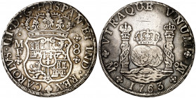 1763. Carlos III. México. MF. 8 reales. (AC. 1086). Columnario. Leves rayitas. 26,84 g. MBC.