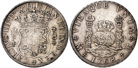 1768. Carlos III. México. MF. 8 reales. (AC. 1094). Columnario. Rayitas y golpecitos. 26,75 g. MBC-.