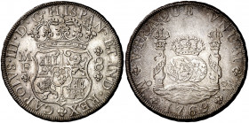 1769. Carlos III. México. MF. 8 reales. (AC. 1095). Columnario. Mínimas rayitas. Atractiva pátina. Escasa así. 26,88 g. EBC-.