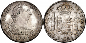 1777. Carlos III. México. FF. 8 reales. (AC. 1113). Mínimas manchitas. Bella. Parte de brillo original. Escasa así. 26,93 g. EBC-/EBC.