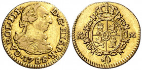 1788/7. Carlos III. Madrid. M. 1/2 escudo. (AC. 1282). Rayita. Buen ejemplar. 1,74 g. MBC+.