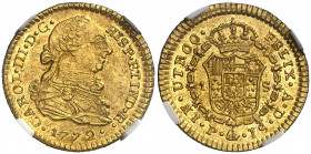 1772. Carlos III. Popayán. JS. 1 escudo. (AC. 1415) (Restrepo 54-2). Primer año de busto propio. En cápsula de la NGC como MS62, nº 3735724-020. Bella...