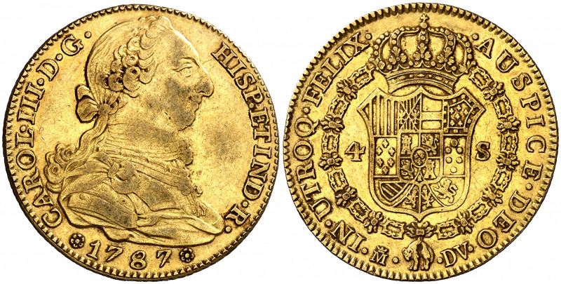 1787. Carlos III. Madrid. DV. 4 escudos. (AC. 1793). Atractiva. 13,40 g. MBC+.