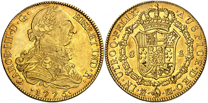 1775. Carlos III. Madrid. PJ. 8 escudos. (AC. 1961) (Cal.Onza 726). Punto entre ...