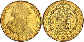 1775. Carlos III. Madrid. PJ. 8 escudos. (AC. 1961) (Cal.Onza 726). Punto entre los ensayadores. Bella. Gran parte de brillo original. Rara así. 26,92...