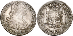 1805. Carlos IV. Guatemala. M. 8 reales. (AC. 899). Pátina. 26,86 g. MBC+.