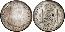 1793. Carlos IV. Lima. IJ. 8 reales. (AC. 909). Bella. Parte de brillo original. 26,88 g. EBC-.