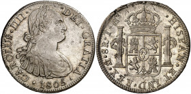 1805. Carlos IV. México. TH. 8 reales. (AC. 983). Pequeña zona del canto mal acuñada. Parte de brillo original. 26,77 g. MBC+/EBC-.