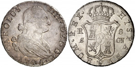 1795. Carlos IV. Sevilla. CN. 8 reales. (AC. 1057). Mínimas marquitas. Bonita pátina. Escasa y más así. 27 g. EBC-.