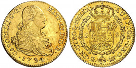 1794/3. Carlos IV. Madrid. MF. 2 escudos. (AC. 1281). Parte de brillo original. 6,57 g. MBC+/EBC-.