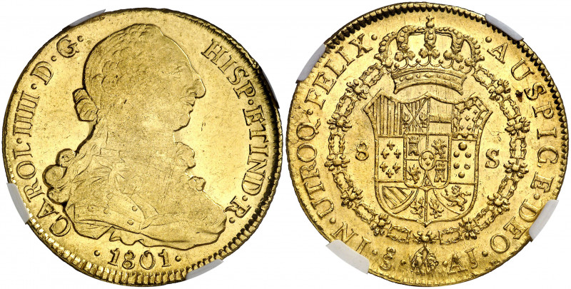 1801. Carlos IV. Santiago. AJ. 8 escudos. (AC. 1769) (Cal.Onza 1170). Sin punto ...