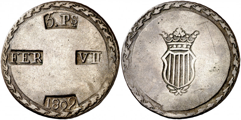 1809. Fernando VII. Tarragona. 5 pesetas. (AC. 1429). 26,18 g. MBC+/MBC.