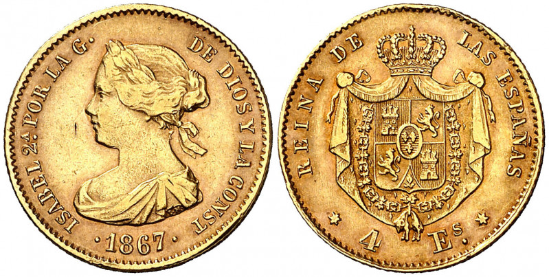 1867. Isabel II. Madrid. 4 escudos. (AC. 691). Golpecitos. 3,34 g. MBC/MBC+.