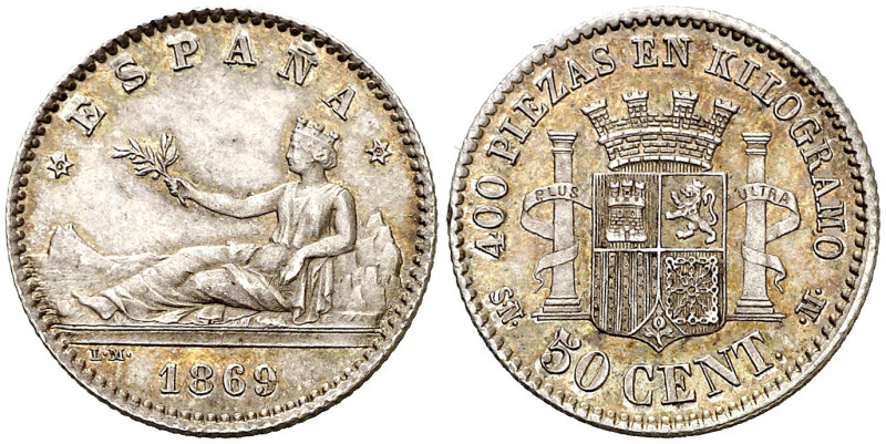 1869*69. Gobierno Provisional. SNM. 50 céntimos. (AC. 13). Leves rayitas. Bella....