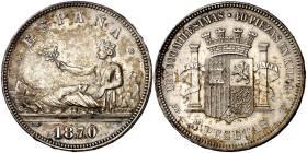 1870*1870. Gobierno Provisional. SNM. 5 pesetas. (AC. 39). Levísimas rayitas. Pátina. 24,87 g. (EBC).