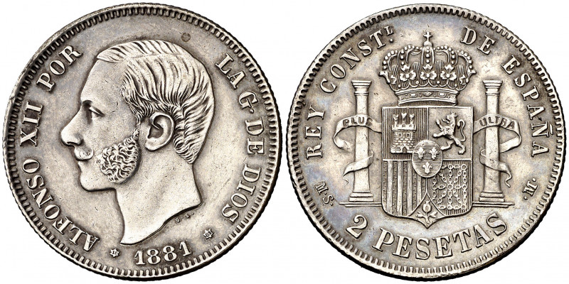 1881*1881. Alfonso XII. MSM. 2 pesetas. (AC. 28). Buen ejemplar. Pátina. Parte d...