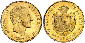 1882/1*1882. Alfonso XII. MSM. 25 pesetas. (AC. 84). Bella. Brillo original. Muy rara. 8,06 g. EBC.