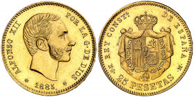 1885*1885. Alfonso XII. MSM. 25 pesetas. (AC. 90). Muy bella. Brillo original. Rara y más así. 8,06 g. S/C-.