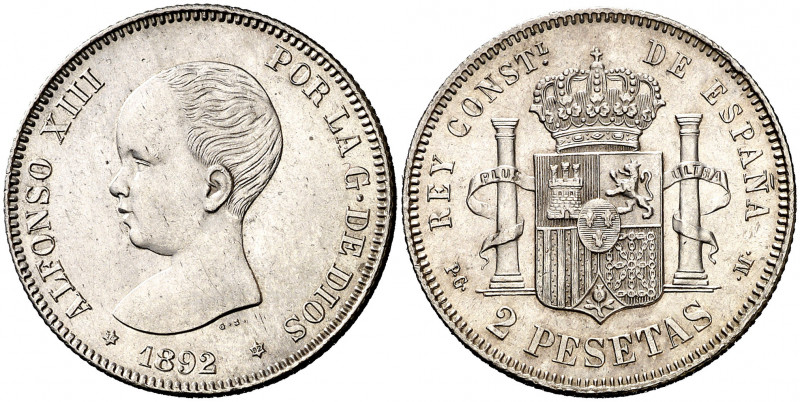 1892*1892. Alfonso XIII. PGM. 2 pesetas. (AC. 85). Buen ejemplar. Rara así. 10 g...
