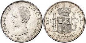 1892*1892. Alfonso XIII. PGM. 2 pesetas. (AC. 85). Buen ejemplar. Rara así. 10 g. EBC+.