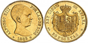 1889*1889. Alfonso XIII. MPM. 20 pesetas. (AC. 113). Leves rayitas. Brillo original. 6,45 g. EBC/EBC+.