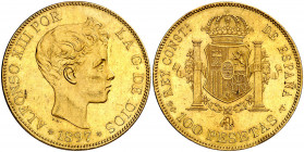 1897*1897. Alfonso XIII. SGV. 100 pesetas. (AC. 119). Golpecito en canto. Parte de brillo original. Escasa. 32,22 g. EBC/EBC+.