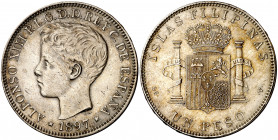 1897. Alfonso XIII. Manila. SGV. 1 peso. (AC. 122). 24,72 g. MBC+/EBC-.