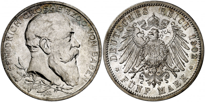 Alemania. Baden. 1902. Federico I. 5 marcos. (Kr. 273). 50º Aniversario de reina...