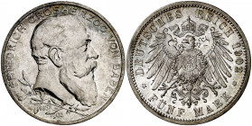 Alemania. Baden. 1902. Federico I. 5 marcos. (Kr. 273). 50º Aniversario de reinado. AG. 27,83 g. S/C.