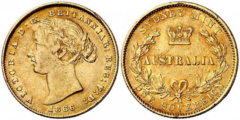 Australia. 1866. Victoria. Sydney. 1 libra. (Fr. 10) (Kr. 4). Golpecitos. AU. 7,...