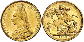 Australia. 1891. Victoria. M (Melbourne). 1 libra. (Fr. 20) (Kr. 10). Leves golpecitos. Brillo original. AU. 7,95 g. MBC+/EBC-.